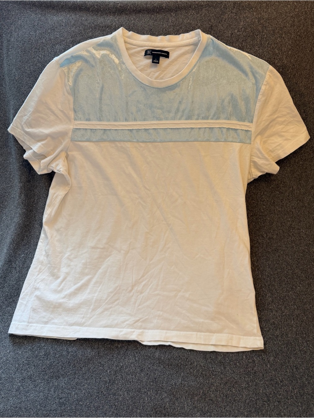 INC International Concepts White Tee with Light Blue Yoke and Stripes
